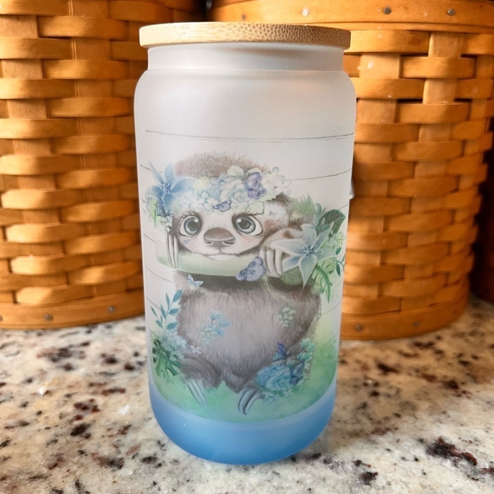 BLUE Frosted glass 16 oz with bamboo lid and straw